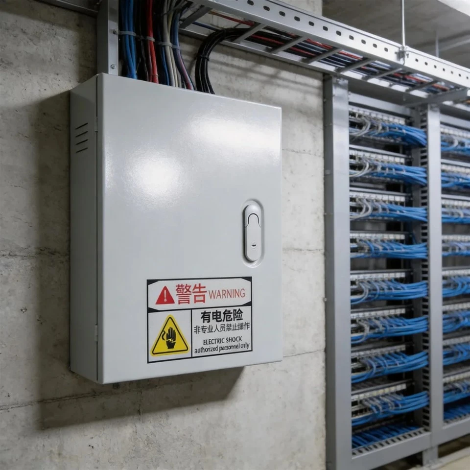 Elektrický kryt namontovaný na kovovú elektrickú rozvodnú skriňu