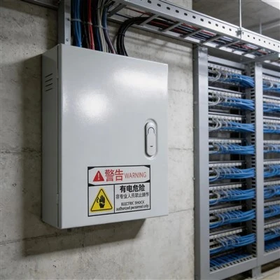 Elektrický kryt namontovaný na kovovú elektrickú rozvodnú skriňu